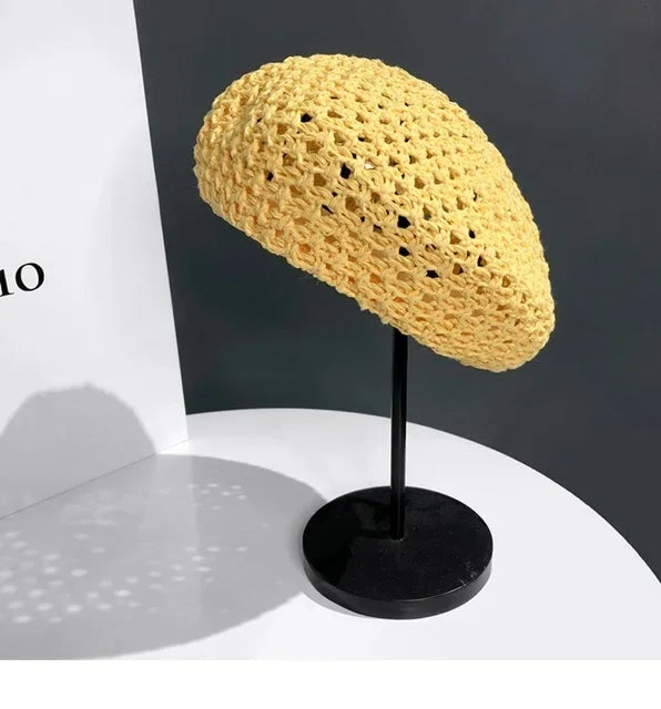 Women Handmade Crochet Beret Cap Solid Color Hollow Out Sweet Floral Weave Lady Leisure Vintage Slouchy Painter Hat