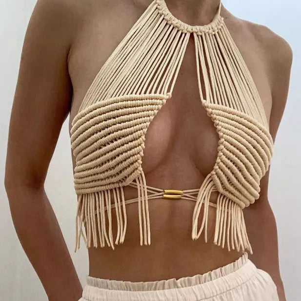 Bohemian Crochet Tassel Women's Beach Vest Cover Ups 2025 Summer Halter Neck Backless Crop Tops Vacation Camis