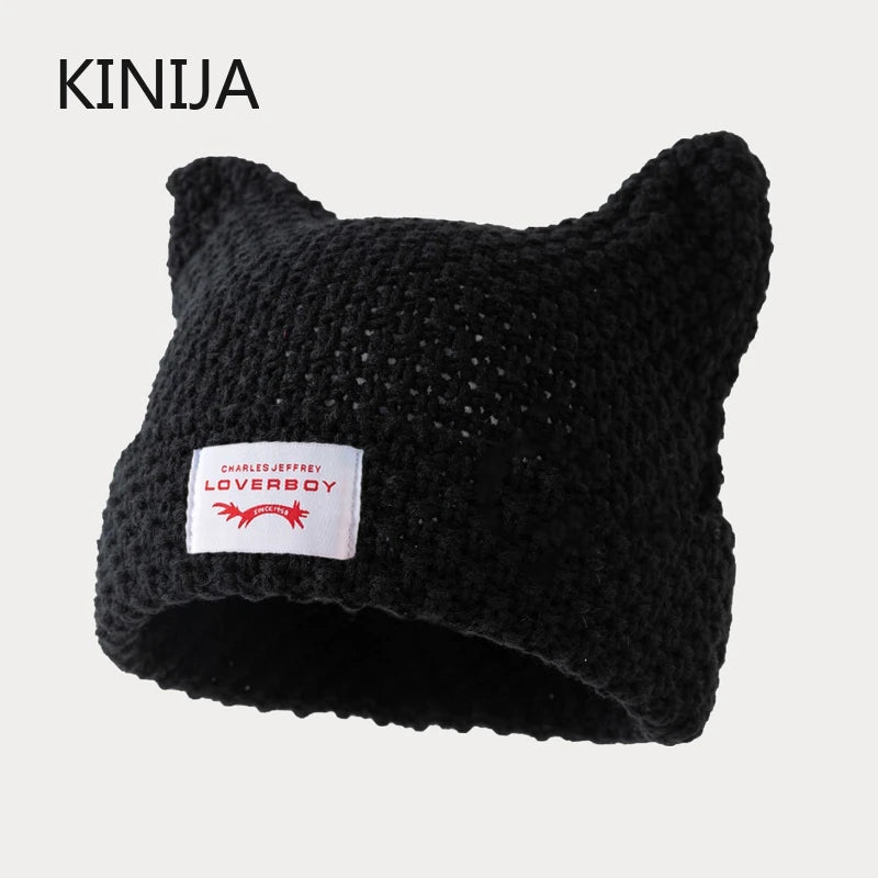 Y2K Handmade Stripe Knit Beanie Hat Cat Ears Cold Hat Winter Men Female Warm Crochet Hat Kawaii Designer