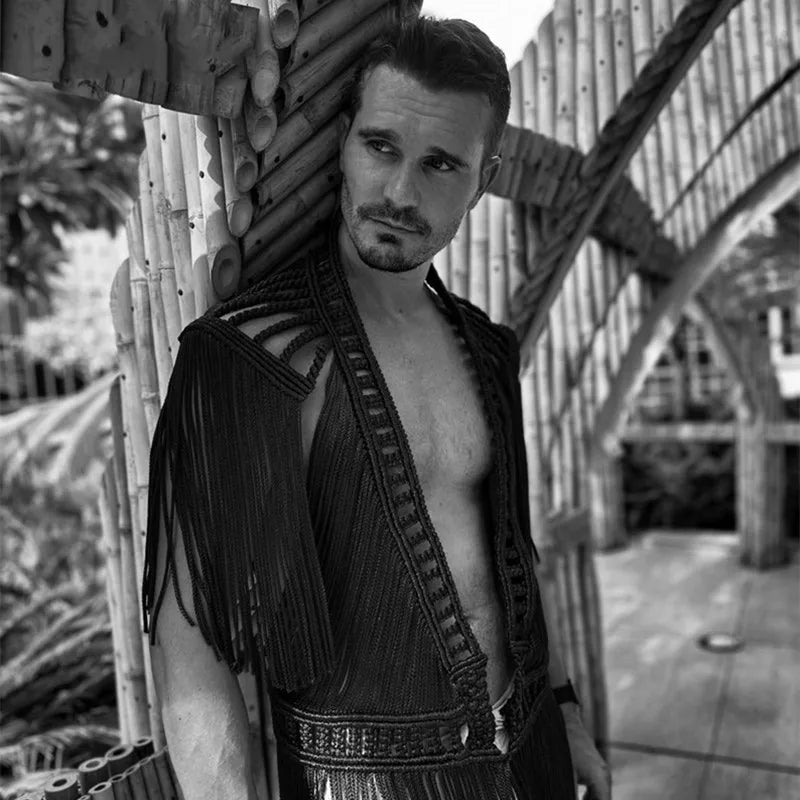 Handmade Knitted Crochet Women Cover Ups Off Shoulder Solid Tassel Crop Top Long Maxi Skirts Set 2024 Summer Beach Bathing Suit