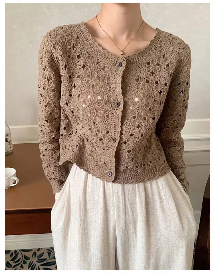 Long Sleeve Crochet Top for Women Sheer Button Up Hollow Out Openwork Knit Cardigan Jacket Spring Summer Boho Vacation Outfit