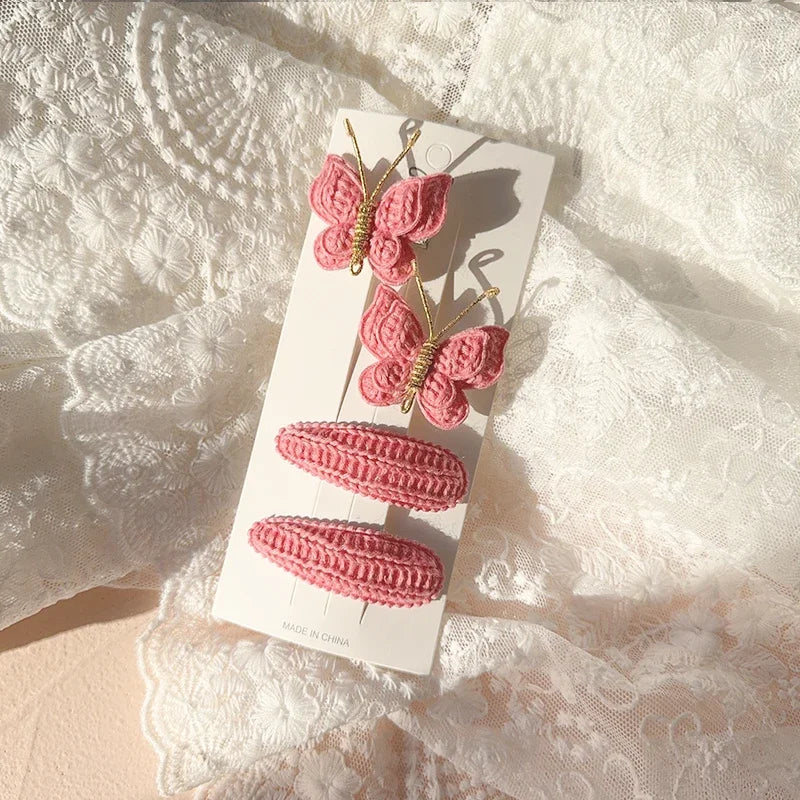 4pcs Sweet and Cute Children's Hair Clip Wool Knitting Headwear Handmade Crochet Butterfly Alloy Children Hairpins Wholesale