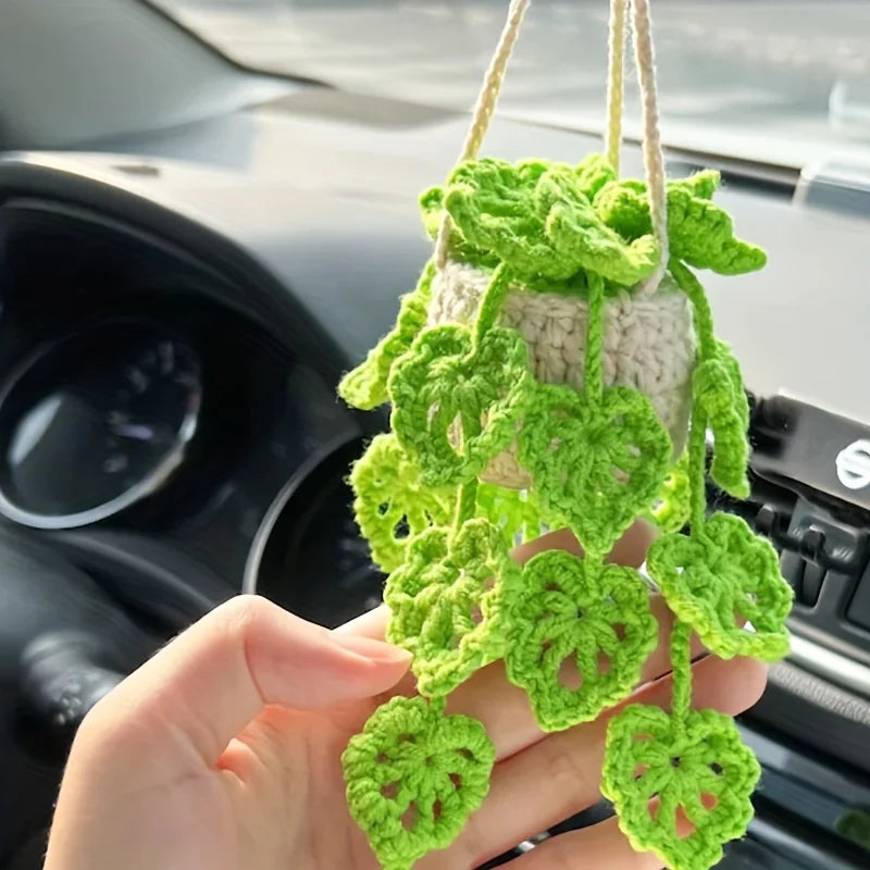 Car Mirror Hanging Accessory Handmade Knitted Cute Crochet Potted Plant Rear View Decor Car Interior Accessories