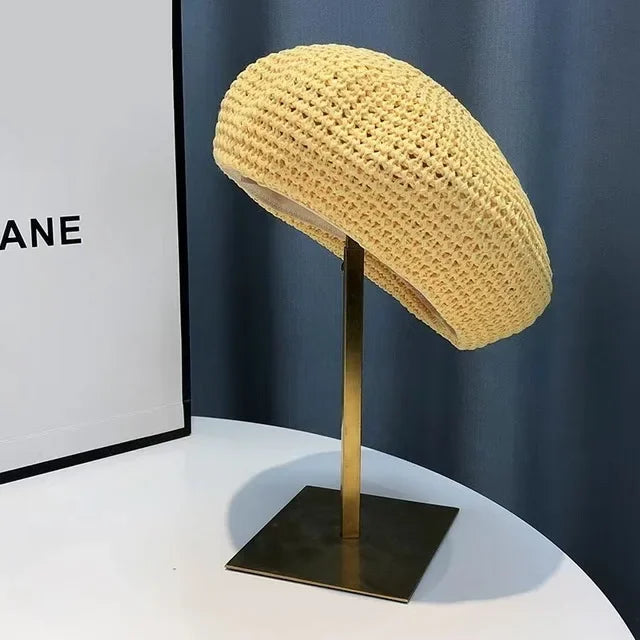 Women Handmade Crochet Beret Cap Solid Color Hollow Out Sweet Floral Weave Lady Leisure Vintage Slouchy Painter Hat