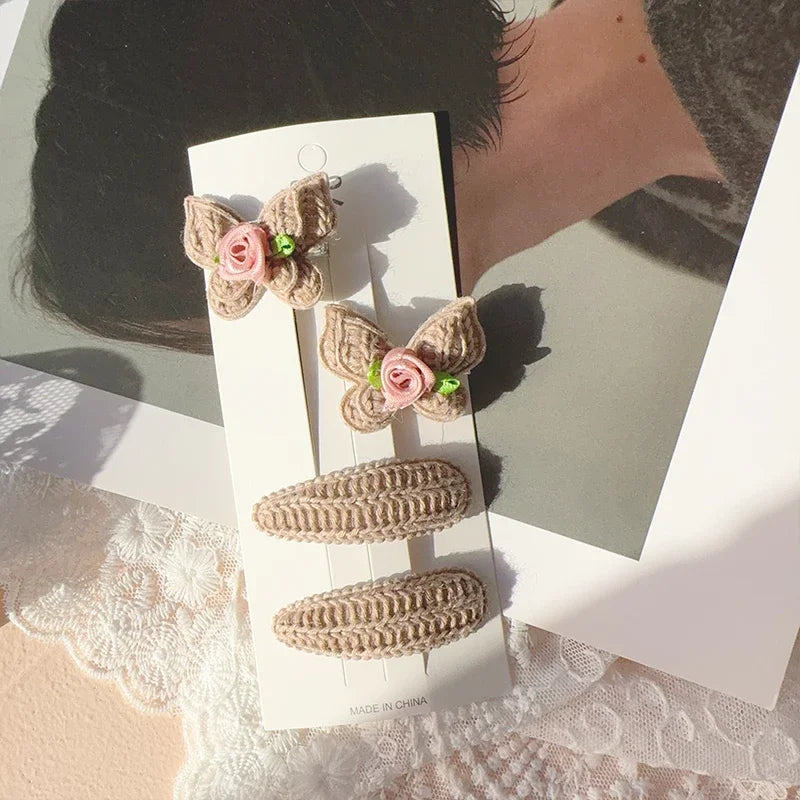 4pcs Sweet and Cute Children's Hair Clip Wool Knitting Headwear Handmade Crochet Butterfly Alloy Children Hairpins Wholesale