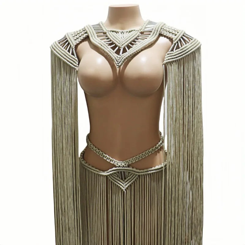 Vintage Hand Crochet Knitted Long Tassel 2 Piece Set Women Sexy Cape + Maxi Skirts Summer Holiday Bikini Cover Ups Beachwear