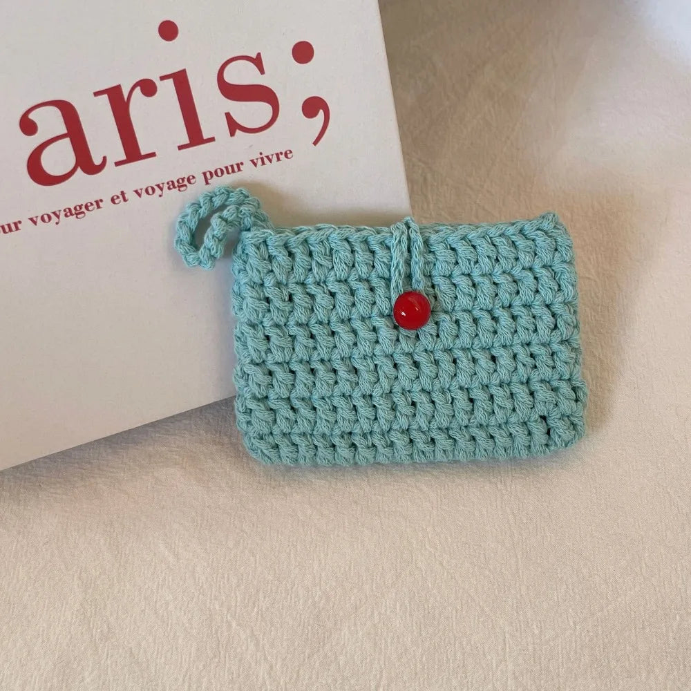 Ins Solid Color Weaving Card Bag Handmade Small Crochet Coin Purse Square Knitting Mini Handbags for Ladies/Girls