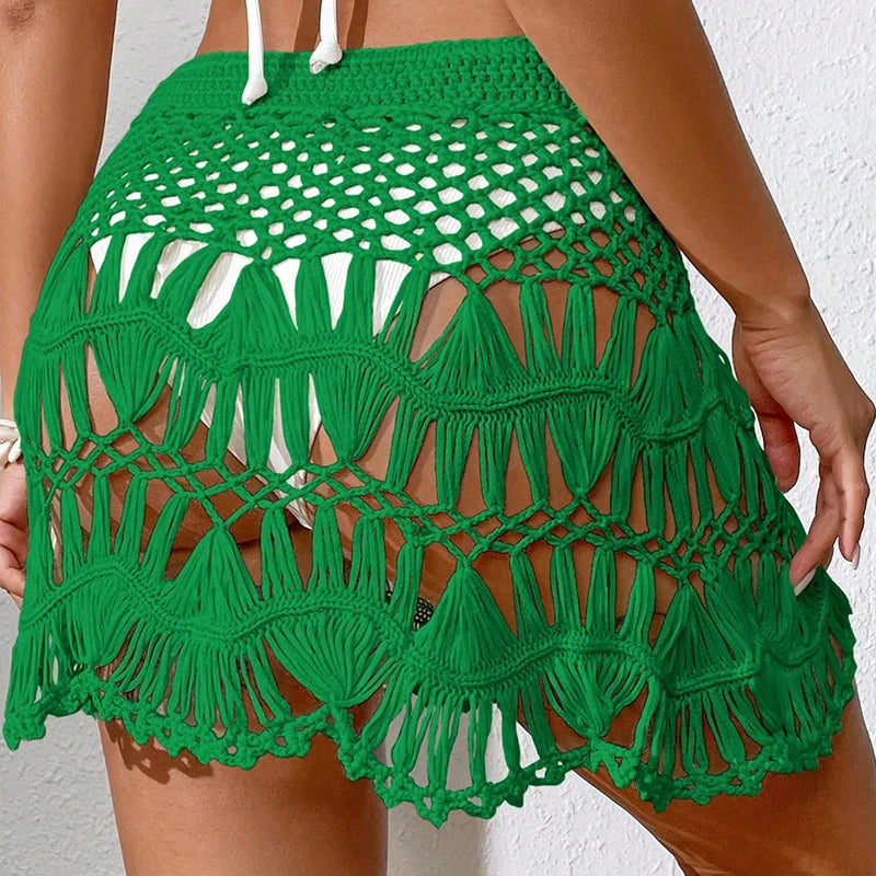 Handmade Crochet Hollow Out Swimwear Cover Up Solid Color Drawstring Short Skirt Women Holiday Knitting Sweet Beachwear