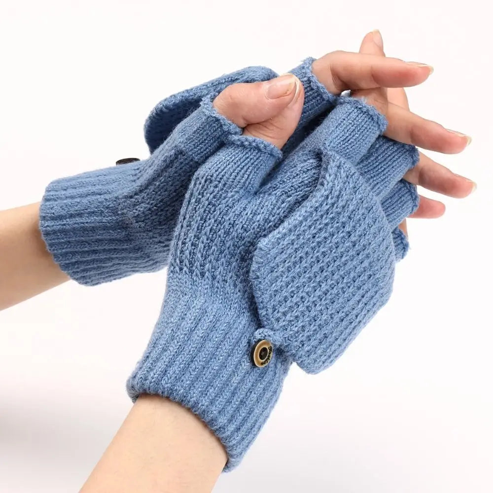 1 Pair Knitted Thicken Flip Cover Gloves Classic Solid Color Exposed Gloves Soft Crochet Fingerless Mittens Winter Warm Mittens