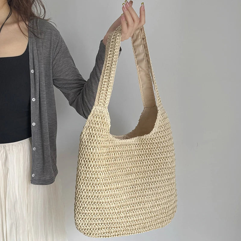 Fashion Rattan Women Shoulder Bags Woven Female Handbags Large Capacity Summer Beach Straw Bags Casual Tote Purses