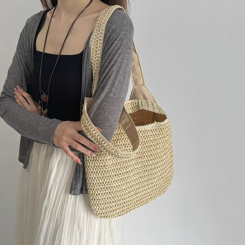 Fashion Rattan Women Shoulder Bags Woven Female Handbags Large Capacity Summer Beach Straw Bags Casual Tote Purses