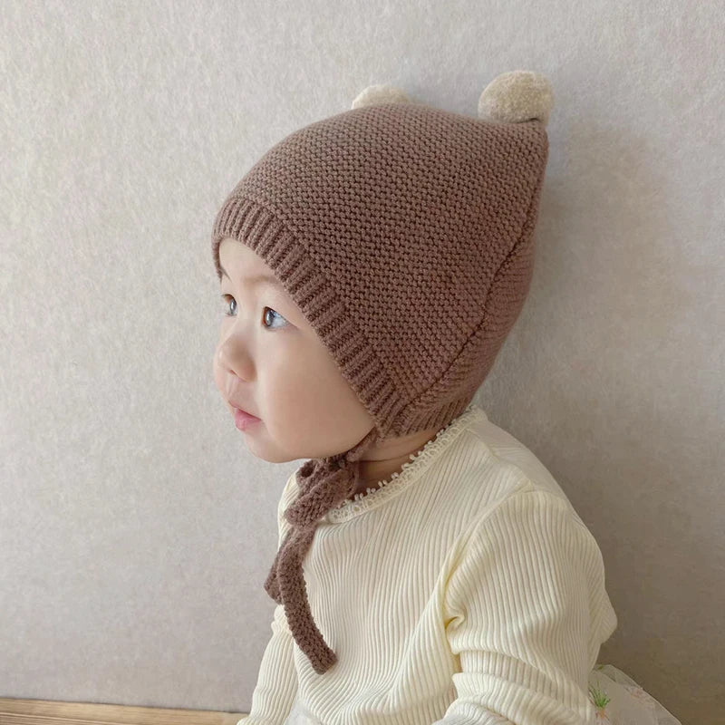 Korean Baby Ear Protection Hat Winter Warm Toddler Knitted Hat 2-24 Months Infant Woolen Crochet Bonnet Double Ball Kids Beanie