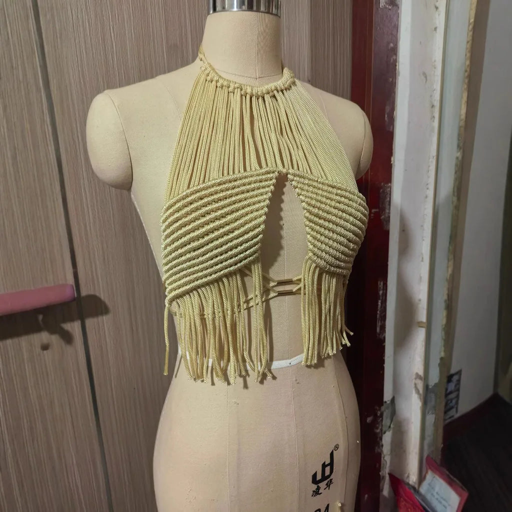 Bohemian Crochet Tassel Women's Beach Vest Cover Ups 2025 Summer Halter Neck Backless Crop Tops Vacation Camis