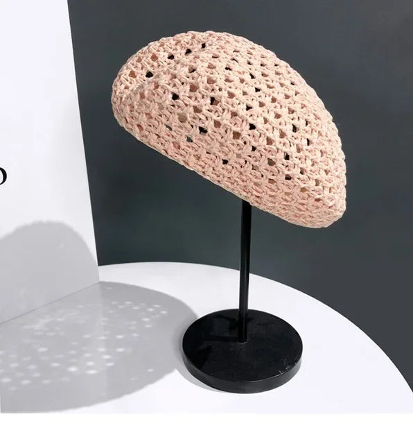 Women Handmade Crochet Beret Cap Solid Color Hollow Out Sweet Floral Weave Lady Leisure Vintage Slouchy Painter Hat