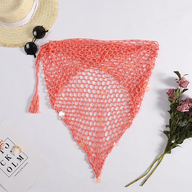 Women's Handmade Crochet Triangle Mesh Shawl With Sequins Sexy Beach Sunscreen Skirt Summer Hollow Out Swimsuit Cover Ups