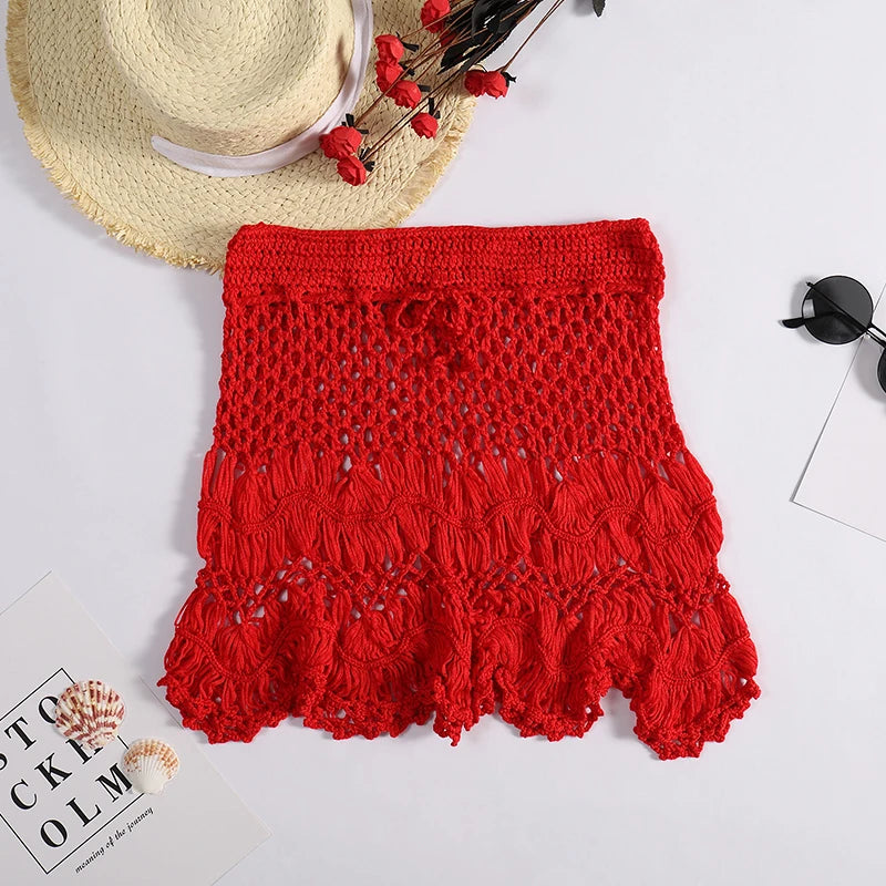 Handmade Crochet Hollow Out Swimwear Cover Up Solid Color Drawstring Short Skirt Women Holiday Knitting Sweet Beachwear