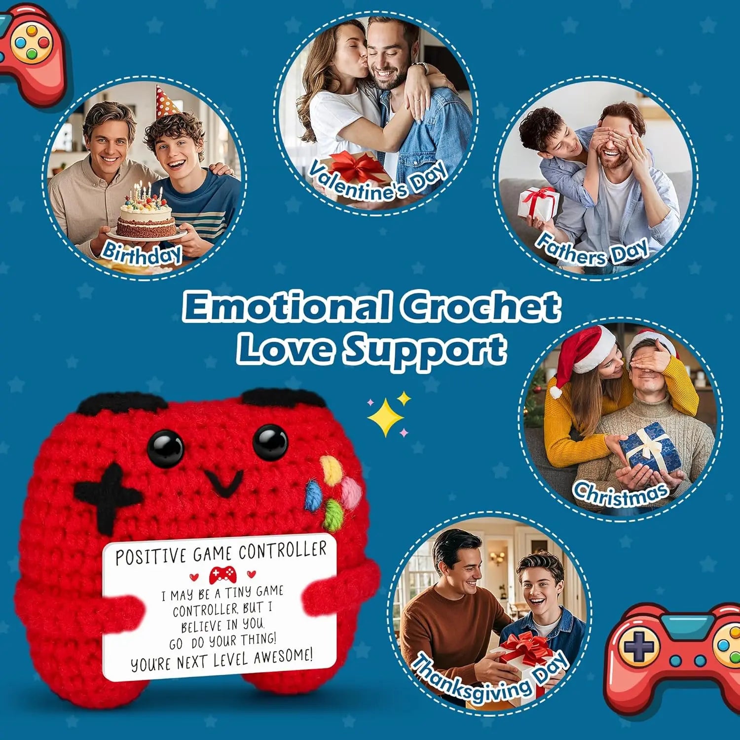 Funny Emotional Support Positive Crochet Game Controller Doll Christmas Home Decor Handmade Knitted Game Controller Ornament