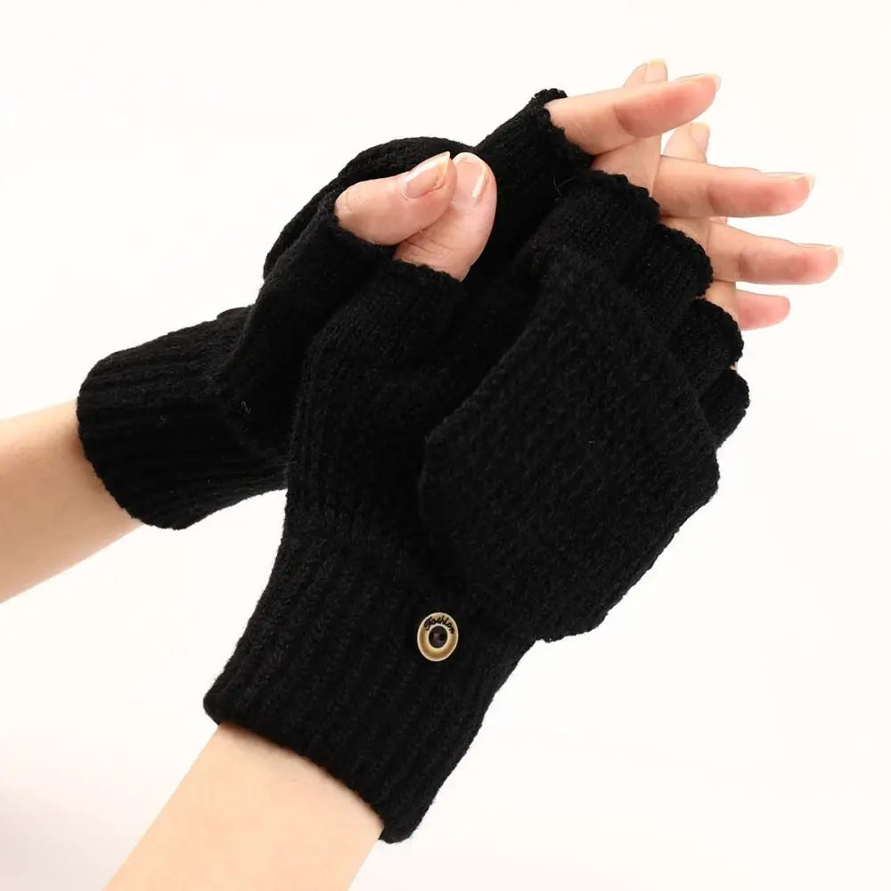 1 Pair Knitted Thicken Flip Cover Gloves Classic Solid Color Exposed Gloves Soft Crochet Fingerless Mittens Winter Warm Mittens