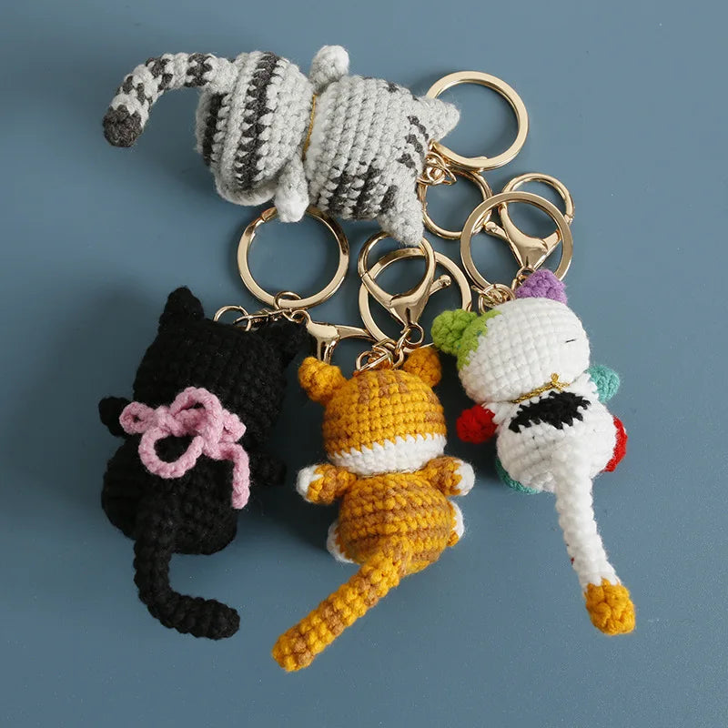 Cute Lucky Cat Doll Crochet Keyrings Handmake Kawaii Kitten Knitted Keyrings For Bag Pendant Crochet Kitten Keychain Wholesale