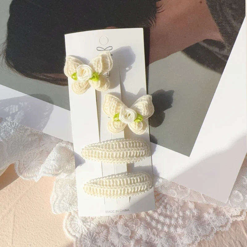 4pcs Sweet and Cute Children's Hair Clip Wool Knitting Headwear Handmade Crochet Butterfly Alloy Children Hairpins Wholesale