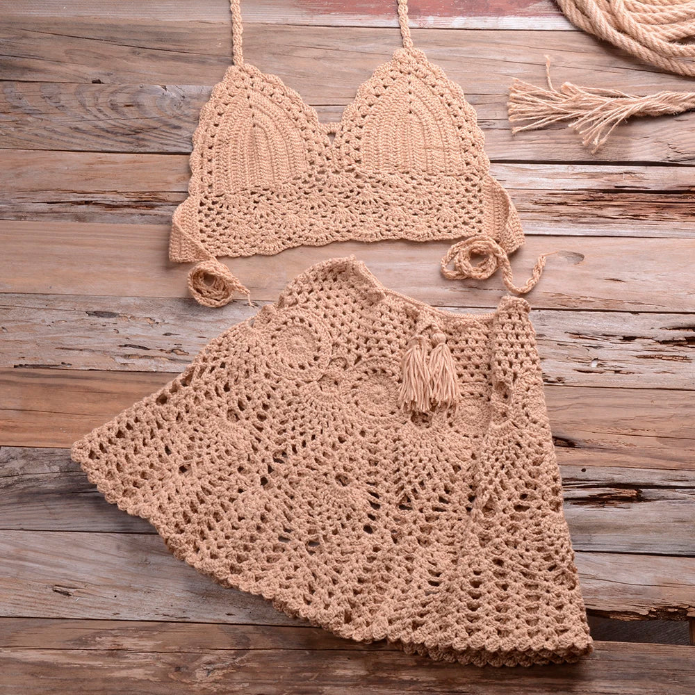 CROCHET BIKINI Two-piece Crochet Women Bikini Set Cover Up Swimsuit Swim Skirt Swimwear Bathing Swimdress Beachwear